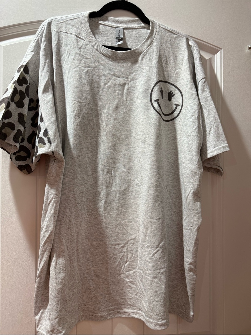 Gildan Light Gray Short Sleeve Tee with Smiley and Leopard Accent